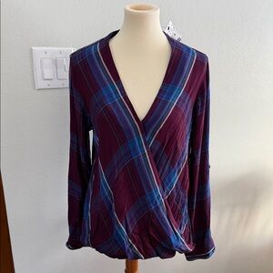 Express Plaid Wrap Blouse - Purple and Blue